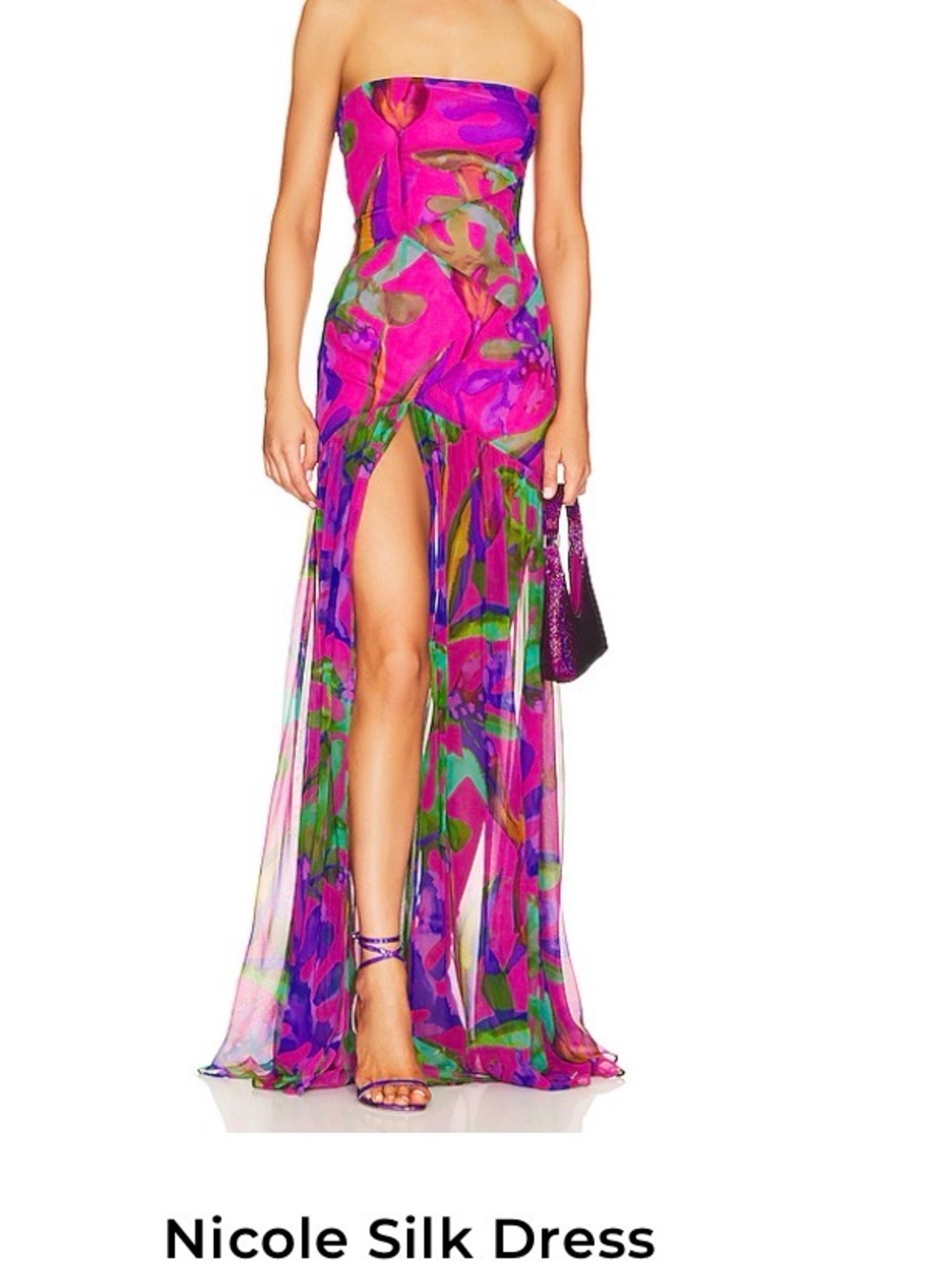 REVOLVE Strapless Pink & Green Printed Silk Maxi Dress